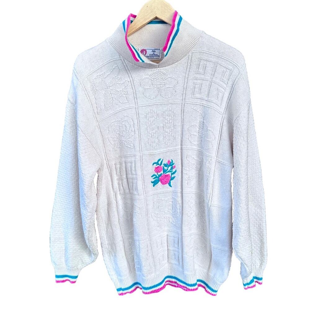 Vintage Isle Of Cotton Made in USA Women’s Large Split Mock Neck Sweater White